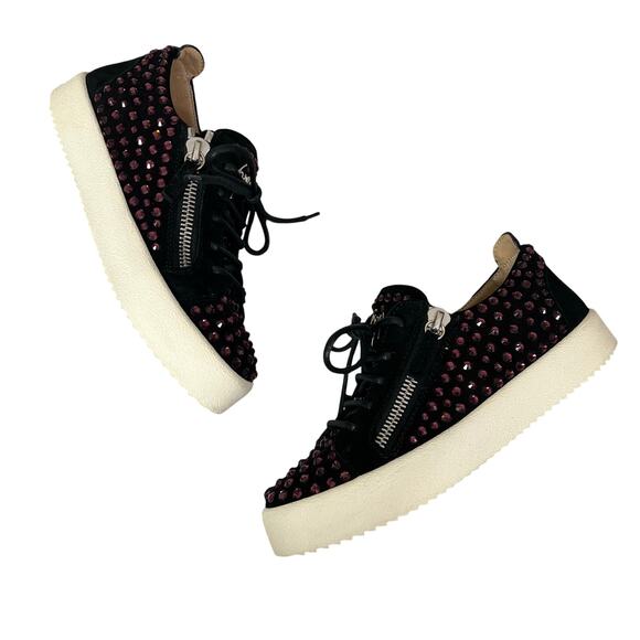 Giuseppe Zanotti | Crystal Magenta Pink Black Suede Low Top Designer Sneakers 38 - Picture 1 of 9